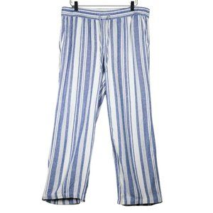 Old Navy Linen Blend Wide Leg Pull On Pants Size L Blue Striped Drawstring EUC